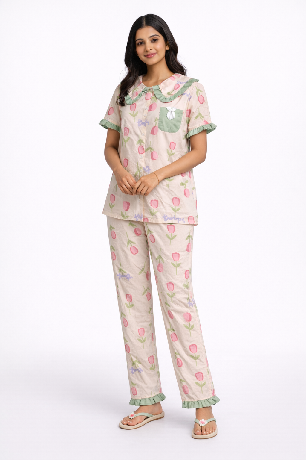 Green Tulips Night Suit